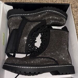 Black Rhinestone Lace-Up Boots